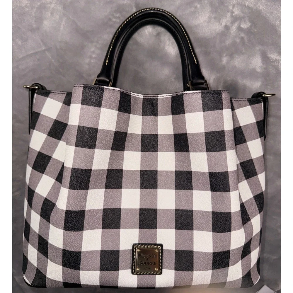 Dooney & Bourke Gingham Check Satchel Crossbody Bag Black White Leather Trim
